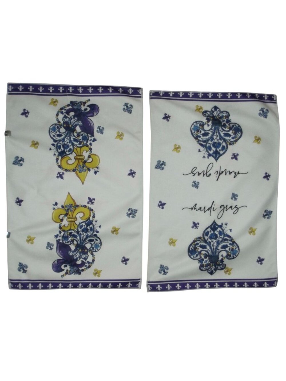 Mardi Gras Hand Towels (lot of 2) 25"x16" white Bead Carnival Iris Fleur-de-lis